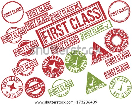 Collection of 22 red and green grunge rubber stamps with text "FIRST CLASS" . Vector illustration
