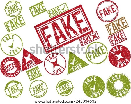 Collection of 22 red and green grunge rubber stamps with text "FAKE" . Vector illustration