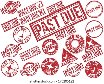 Collection of 22 red grunge rubber stamps with text "PAST DUE" . Vector illustration.