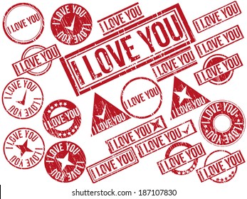 Collection of 22 red grunge rubber stamps with text "I LOVE YOU" . Vector illustration