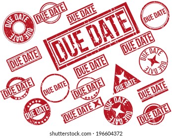 Collection of 22 red grunge rubber stamps with text "DUE DATE" . Vector illustration.