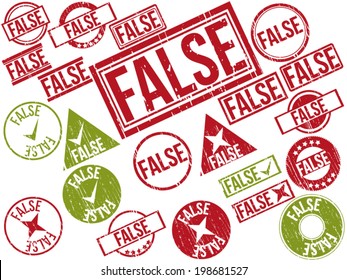 Collection of 22 red grunge rubber stamps with text "FALSE" . Vector illustration