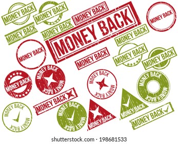 Collection of 22 red grunge rubber stamps with text "MONEY BACK" . Vector illustration