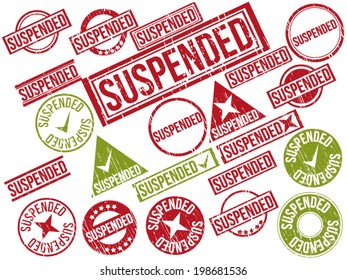 Collection of 22 red grunge rubber stamps with text "SUSPENDED" . Vector illustration