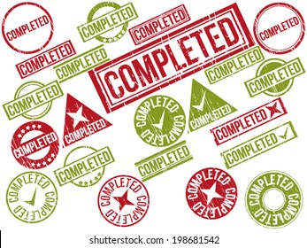 Collection of 22 red grunge rubber stamps with text "COMPLETED" . Vector illustration