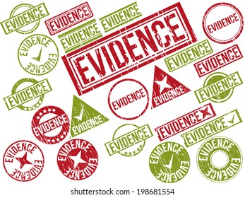 Collection of 22 red grunge rubber stamps with text "EVIDENCE" . Vector illustration