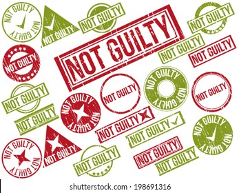 Collection of 22 red grunge rubber stamps with text "NOT GUILTY" . Vector illustration