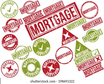Collection of 22 red grunge rubber stamps with text "MORTGAGE" . Vector illustration
