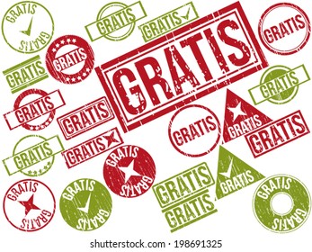 Collection of 22 red grunge rubber stamps with text "GRATIS" . Vector illustration