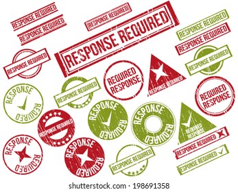 Collection of 22 red grunge rubber stamps with text "RESPONSE REQUIRED" . Vector illustration