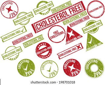 Collection of 22 red grunge rubber stamps with text "CHOLESTEROL FREE" . Vector illustration