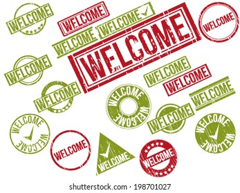 Collection of 22 red grunge rubber stamps with text "WELCOME" . Vector illustration