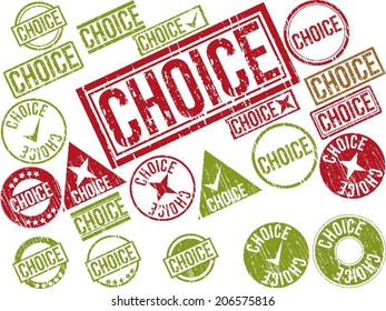 Collection of 22 red grunge rubber stamps with text "CHOICE" . Vector illustration