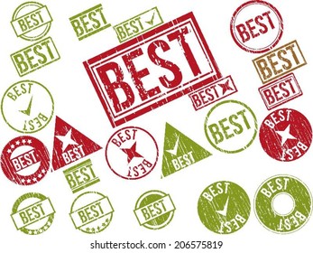 Collection of 22 red grunge rubber stamps with text "BEST" . Vector illustration