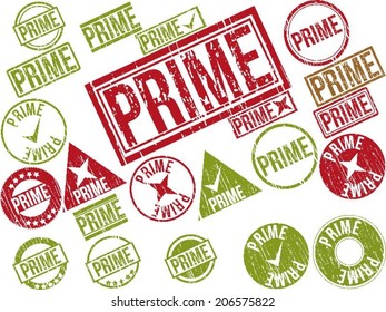 Collection of 22 red grunge rubber stamps with text "PRIME" . Vector illustration