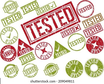 Collection of 22 red grunge rubber stamps with text "TESTED" . Vector illustration