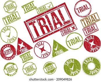 Collection of 22 red grunge rubber stamps with text "TRIAL" . Vector illustration