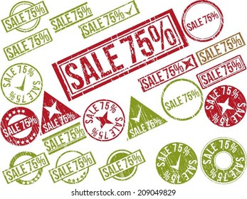 Collection of 22 red grunge rubber stamps with text "SALE 75%" . Vector illustration