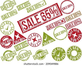Collection of 22 red grunge rubber stamps with text "SALE 65%" . Vector illustration