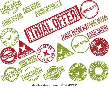 Collection of 22 red grunge rubber stamps with text "TRIAL OFFER" . Vector illustration