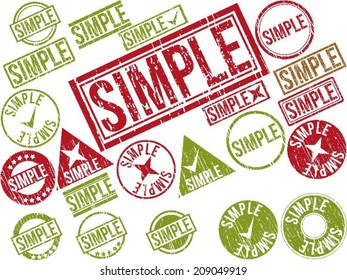 Collection of 22 red grunge rubber stamps with text "SIMPLE" . Vector illustration