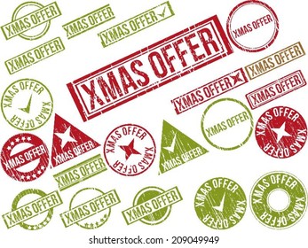 Collection of 22 red grunge rubber stamps with text "XMAS OFFER" . Vector illustration