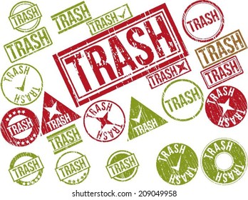 Collection of 22 red grunge rubber stamps with text "TRASH" . Vector illustration