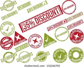 Collection of 22 red grunge rubber stamps with text "35% DISCOUNT" . Vector illustration