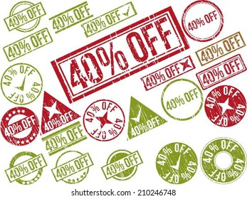 Collection of 22 red grunge rubber stamps with text "40% OFF" . Vector illustration