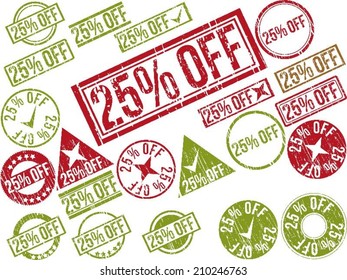 Collection of 22 red grunge rubber stamps with text "25% OFF" . Vector illustration