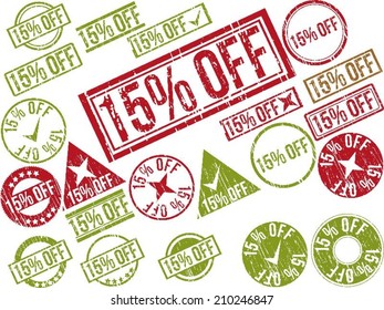 Collection of 22 red grunge rubber stamps with text "15% OFF" . Vector illustration