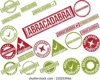 Collection of 22 red grunge rubber stamps with text "ABRACADABRA" . Vector illustration