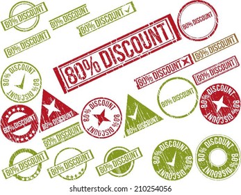 Collection of 22 red grunge rubber stamps with text "80% DISCOUNT" . Vector illustration