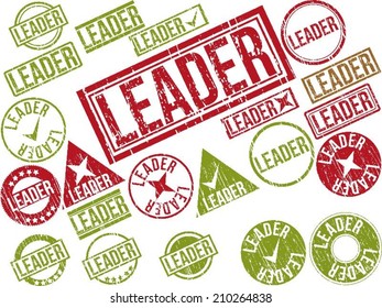 Collection of 22 red grunge rubber stamps with text "LEADER" . Vector illustration