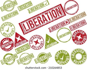 Collection of 22 red grunge rubber stamps with text "LIBERATION" . Vector illustration