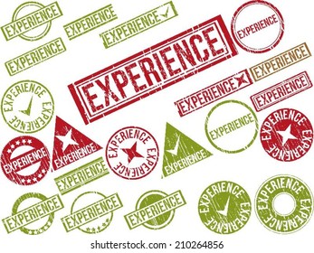 Collection of 22 red grunge rubber stamps with text "EXPERIENCE" . Vector illustration