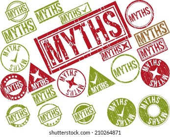 Collection of 22 red grunge rubber stamps with text "MYTHS" . Vector illustration