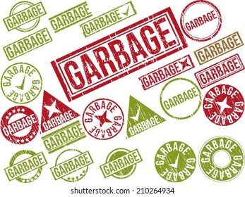 Collection of 22 red grunge rubber stamps with text "GARBAGE" . Vector illustration