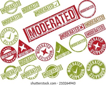 Collection of 22 red grunge rubber stamps with text "MODERATED" . Vector illustration