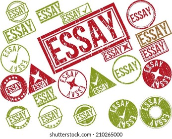 Collection of 22 red grunge rubber stamps with text "ESSAY" . Vector illustration