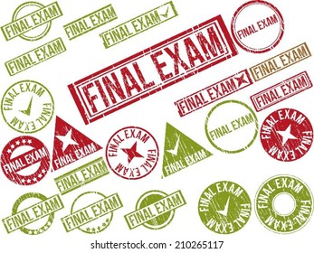 Collection of 22 red grunge rubber stamps with text "FINAL EXAM" . Vector illustration