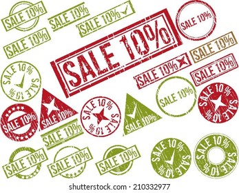 Collection of 22 red grunge rubber stamps with text "SALE 10%" . Vector illustration