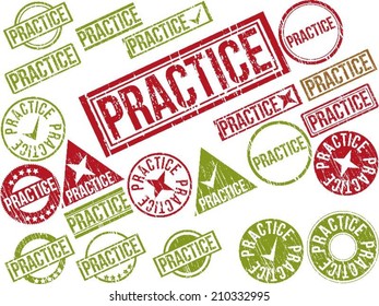 Collection of 22 red grunge rubber stamps with text "PRACTICE" . Vector illustration