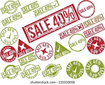 Collection of 22 red grunge rubber stamps with text "SALE 40%" . Vector illustration