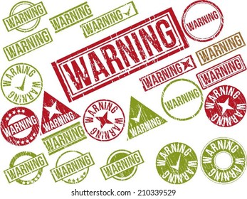 Collection of 22 red grunge rubber stamps with text "WARNING" . Vector illustration