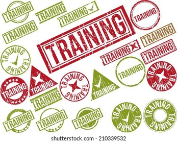 Collection of 22 red grunge rubber stamps with text "TRAINING" . Vector illustration