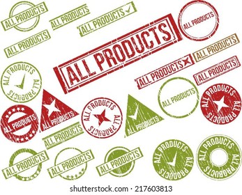 Collection of 22 red grunge rubber stamps with text "ALL PRODUCTS" . Vector illustration