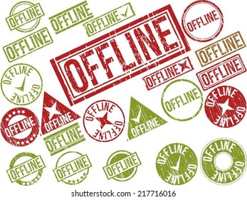 Collection of 22 red grunge rubber stamps with text "OFFLINE" . Vector illustration
