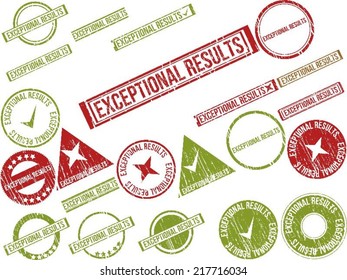 Collection of 22 red grunge rubber stamps with text "EXCEPTIONAL RESULTS" . Vector illustration