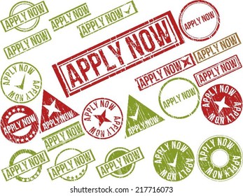 Collection of 22 red grunge rubber stamps with text "APPLY NOW" . Vector illustration